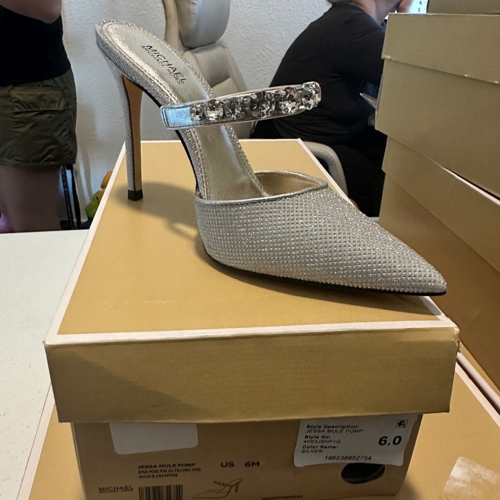 Michael Kors Silver Crystal-Embellished Pointed Toe Stiletto Mules